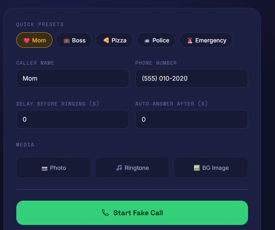 Fake Call Generator showing a simulated incoming fake call screen